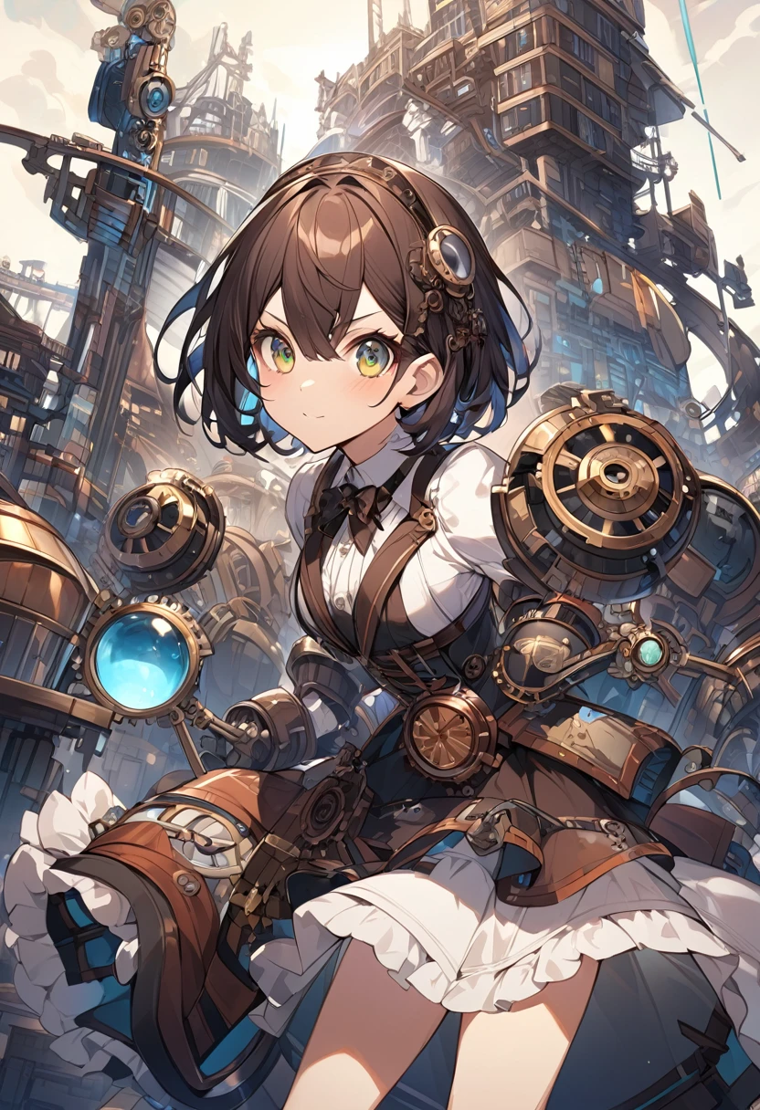 steampunk、Girl、Rin々has a nice face、Short Hair、Wearing vivid colors、The background is a mechanical city、Doing dynamic poses
