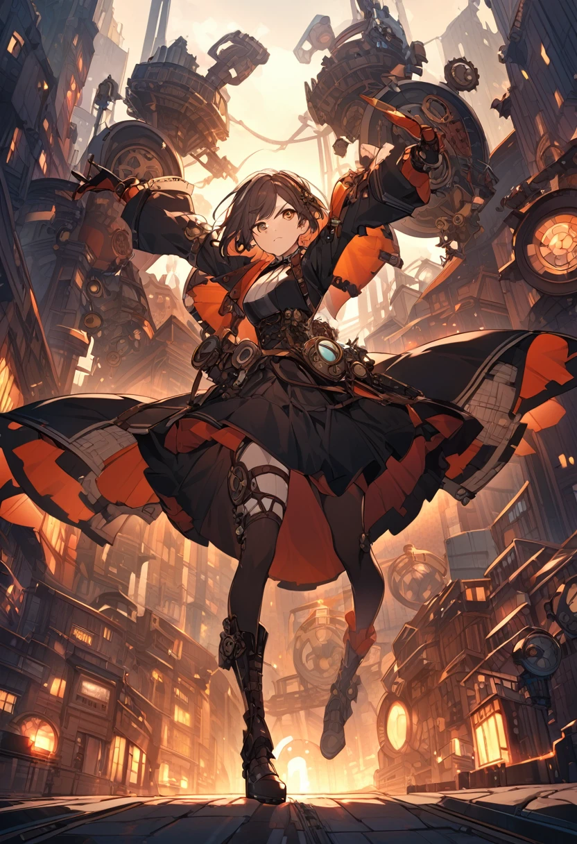 steampunk、Girl、Rin々has a nice face、Short Hair、Wearing vivid colors、The background is a mechanical city、Doing dynamic poses
