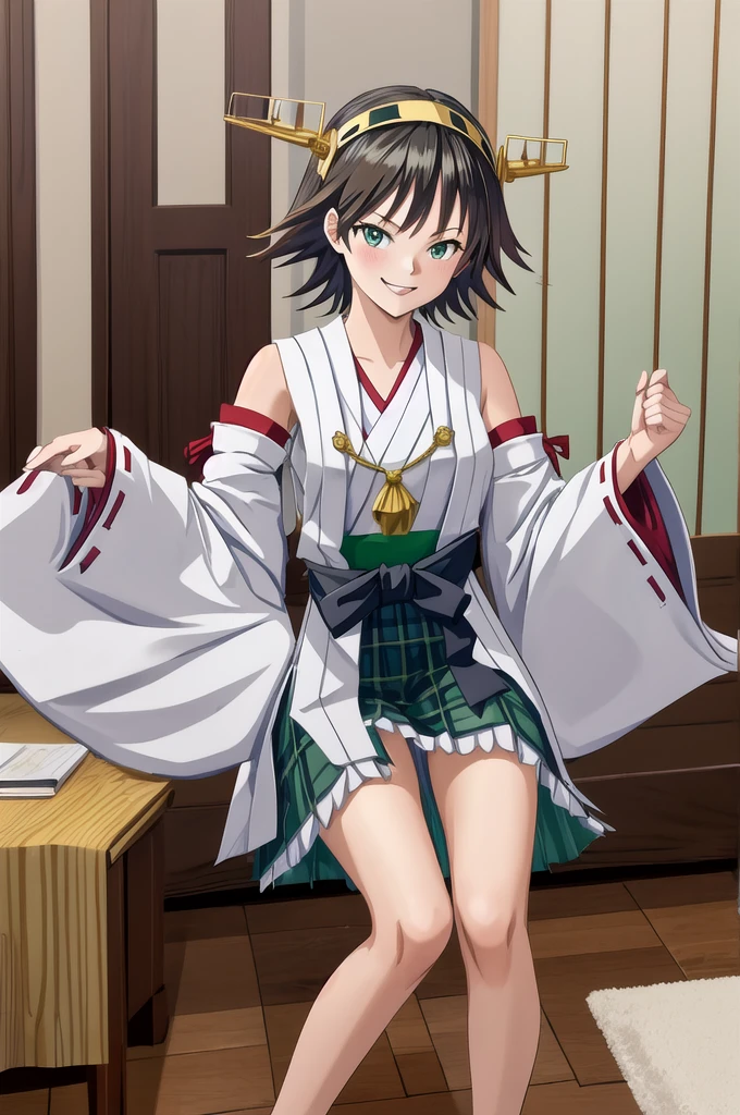 Highest quality, masterpiece, High resolution, alone, (Hiei Kaisan_Fleet Collection), オレンジ色hair, hairband, headgear, Non-traditional_Shrine maiden, smile, green_eye, Inverted up_hair, smile, One Girl, dependent_sleeve, green_skirt, Plaid, Plaid_skirt, ribbon-trimmed_sleeve, ribbon_trim, skirt, (indoor, office, living room), 