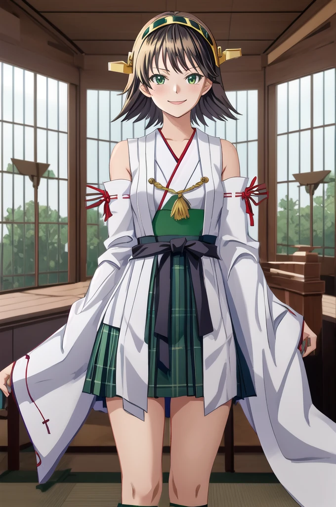 Highest quality, masterpiece, High resolution, alone, (Hiei Kaisan_Fleet Collection), オレンジ色hair, hairband, headgear, Non-traditional_Shrine maiden, smile, green_eye, Inverted up_hair, smile, One Girl, dependent_sleeve, green_skirt, Plaid, Plaid_skirt, ribbon-trimmed_sleeve, ribbon_trim, skirt, (indoor, office, living room), 