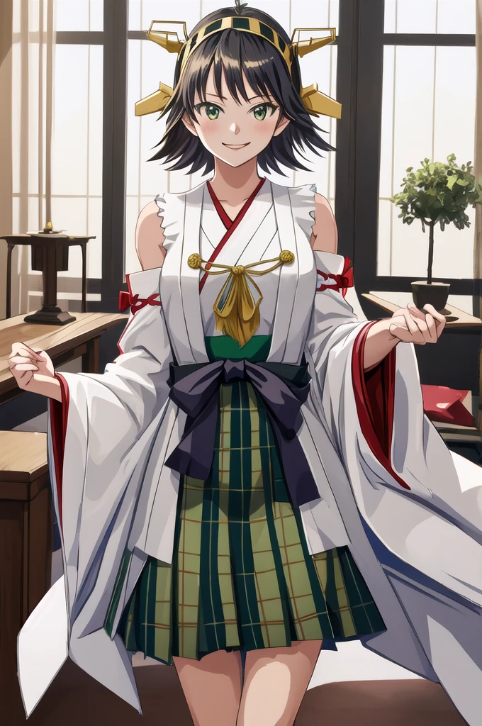 Highest quality, masterpiece, High resolution, alone, (Hiei Kaisan_Fleet Collection), オレンジ色hair, hairband, headgear, Non-traditional_Shrine maiden, smile, green_eye, Inverted up_hair, smile, One Girl, dependent_sleeve, green_skirt, Plaid, Plaid_skirt, ribbon-trimmed_sleeve, ribbon_trim, skirt, (indoor, office, living room), 