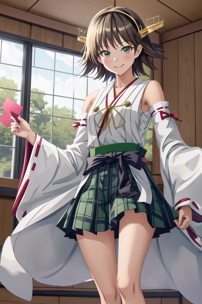 Highest quality, masterpiece, High resolution, alone, (Hiei Kaisan_Fleet Collection), オレンジ色hair, hairband, headgear, Non-traditional_Shrine maiden, smile, green_eye, Inverted up_hair, smile, One Girl, dependent_sleeve, green_skirt, Plaid, Plaid_skirt, ribbon-trimmed_sleeve, ribbon_trim, skirt, (indoor, office, living room), 