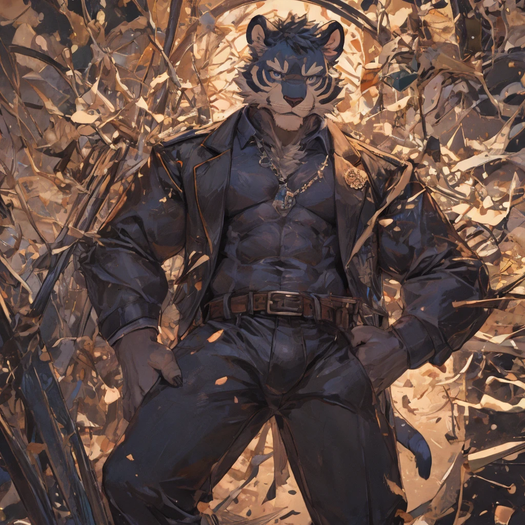 {{bara extremely handsome white tiger,}} {{white fur,}} white, wearing elegant ornate suit jacket, trousers, white dress shirt and necktie, white fluffy furry body and limbs, loafers, very tall, very broad shoulders, narrow waist, muscular arms, massive pecs, purple eyes, very long legs, massive bulge, sophisticated hot look, 3/4 view, best quality, high detail, CG image, character splash art, silver earring on left ear, sultry smirk