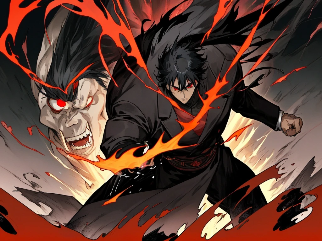 Anime guy with black hair, handsome, red eyes, aura, really strong, strongest man, muscle, black long coat, force, black aura, black power, burning village background, night