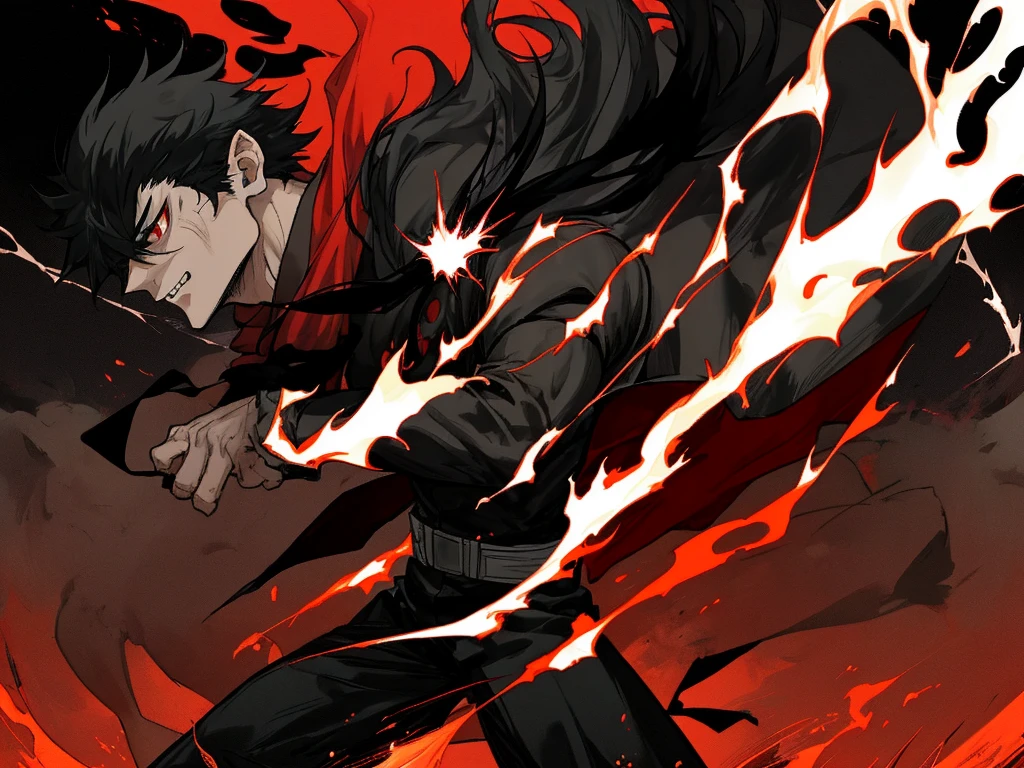 Anime guy with black hair, handsome, red eyes, aura, really strong, strongest man, muscle, black long coat, force, black aura, black power, burning village background, night