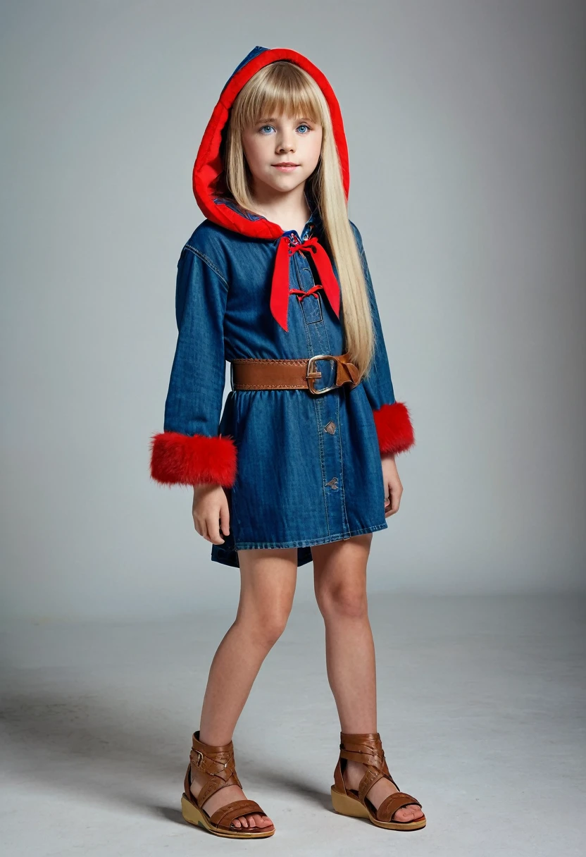 10 year old, different angles,generate the image of an elf, with green eyes, long blonde hair with bangs and braids, wearing denim shorts super mini cotton summer booty ladies charming ,low angles, beige sandals, a long dark blue dress, brown belt, red choker and fur coat with a blue hood. low angles,Cinematic, 35mm lens, f/1.8, accent lighting, global illumination –uplight –v 4, 3 realistic