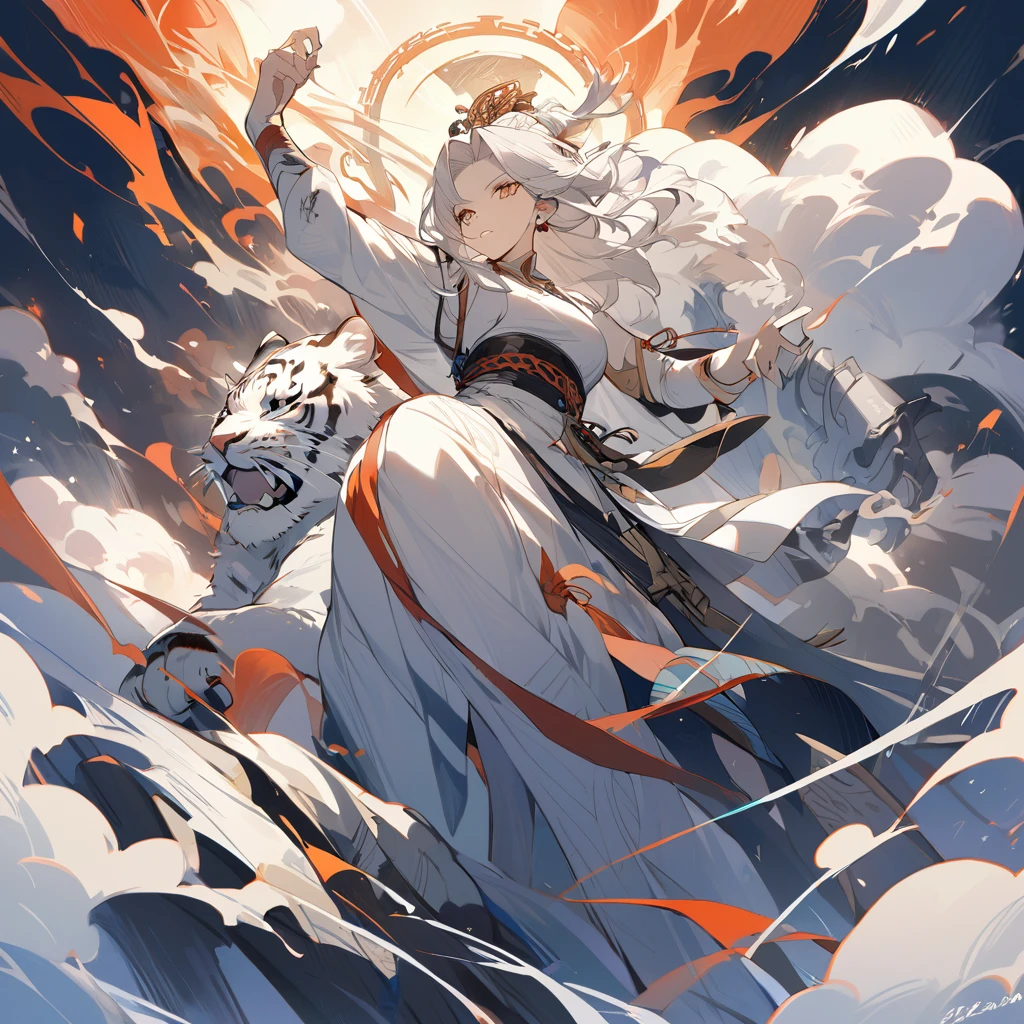 Chinese legend, the White Tiger of the West and 1 goddess, facing a storm