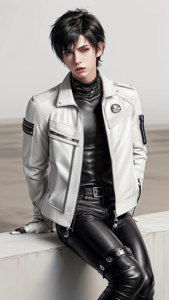 Final fantasy taste and reality graphics, ((Japanese young cute and cool ikemen boy)), his age is early 20s, thin eyebrows and beady eyes, ((he wearing off white color leather thick and heavy material jacket)), ((jacket is singlebrest)), ((biker style jacket)), ((jacket is large size)),((with epaulet)), ((jacket is long sleeve)), ((zipped front of the leather jacket)), , ((voluminous leather jacket)), ,((must jacket is high length and stand-up collar)) ((jacket collar with two belts)), ((jacket is a little black color line pattern)), ((also wearing black thick material turtleneck lackluster shirts)), ((tight black leather pants)), ((put black leather tight and thin glove on both hands)), ((black leather knee-high raceup boots)),((must views head-to-toe)),((must views whole body)), ,((Do not show skin from the neck down)),leather jacket leather glove and leather pants have few wrinkles, Avoid showing your innerwear,zip up jacket fastner.must put on a leather glove.
Boy is black hair.boy looks like fashion model.