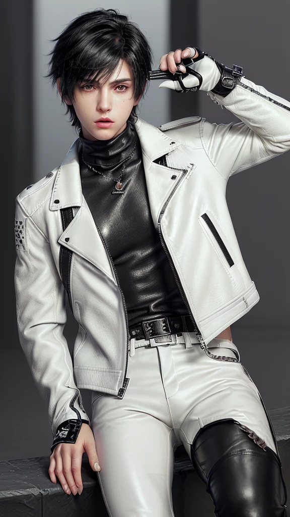 Final fantasy taste and reality graphics, ((Japanese young cute and cool ikemen boy)), his age is early 20s, thin eyebrows and beady eyes, ((he wearing off white color leather thick and heavy material jacket)), ((jacket is singlebrest)), ((biker style jacket)), ((jacket is large size)),((with epaulet)), ((jacket is long sleeve)), ((zipped front of the leather jacket)), , ((voluminous leather jacket)), ,((must jacket is high length and stand-up collar)) ((jacket collar with two belts)), ((jacket is a little black color line pattern)), ((also wearing black thick material turtleneck lackluster shirts)), ((tight black leather pants)), ((put black leather tight and thin glove on both hands)), ((black leather knee-high raceup boots)),((must views head-to-toe)),((must views whole body)), ,((Do not show skin from the neck down)),leather jacket leather glove and leather pants have few wrinkles, Avoid showing your innerwear,zip up jacket fastner.must put on a leather glove.
Boy is black hair.boy looks like fashion model.