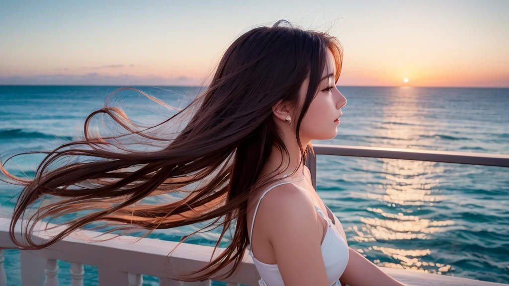 ((最high quality)), Like a photograph,high quality, 8k resolution",Beautiful 19 year old girl,summer,The girl sways beautifully in the sea breeze、graceful hair,Sad profile,Ocean view,evening,Balcony