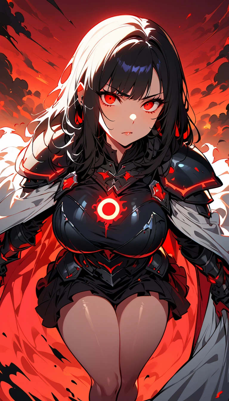 (high quality, 8k, 4K, high contrast, artwork:1.2, high quality, best aesthetics), (centered), ((1 woman)), erotic, sensual, mature body, super detailed, beautiful face detailed, beautiful eyes detailed, detailed beautiful mouth, perfect breats, perfect wide thighs, (black hair), (short black hair), (messy black hair), (red eyes glowing), (serious expression), (black medieval armor), (shoulder pads), (long white cape), (ruffled black skirt), (standing), (looking at the viewer), (piercing gaze), (red sun in the background), (red lighting)