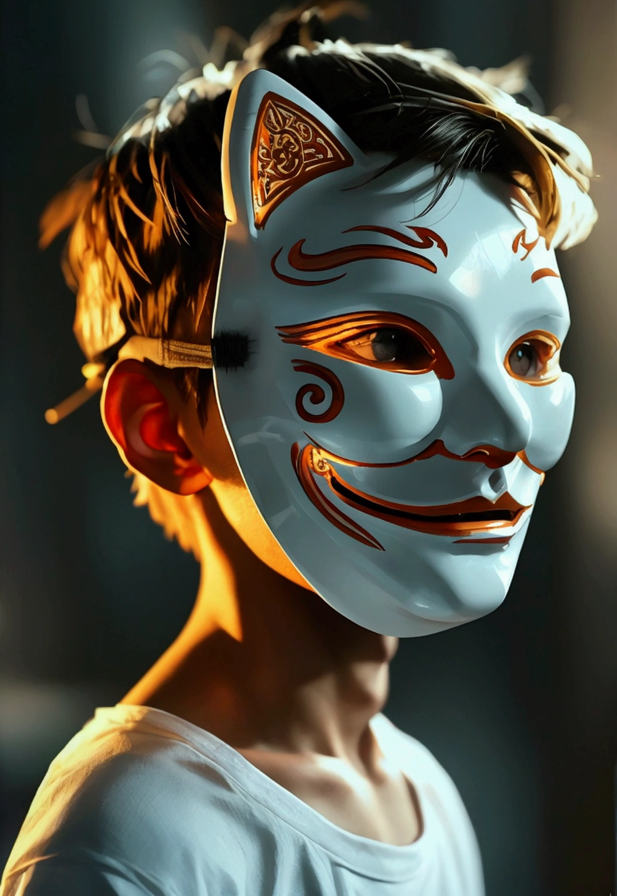 A boy,独奏,Wearing a white shirt,Dim lighting environment,Simple background,Hand holding a mask to cover the face,The mask is a smiley face。Very artistic,Realism,Ultra Detail。