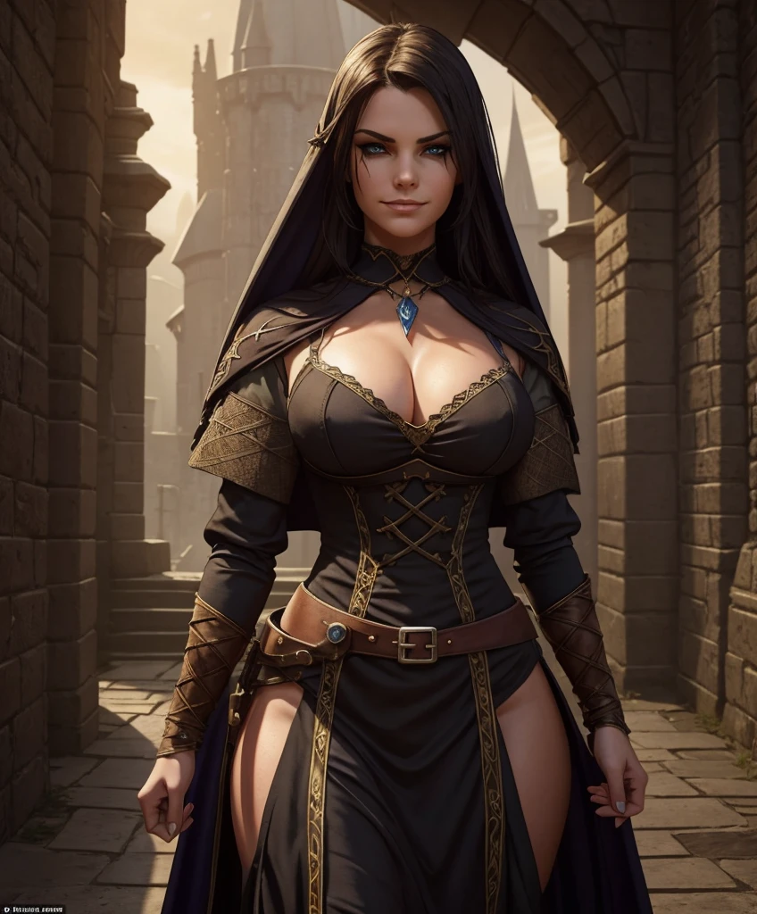 score_9, score_8_up, score_8, (((Single character image.))) (((1girl))) (((Solo))) (((Dressed in medieval fantasy attire.))) (((She wears medieval fantasy attire.))) Generate an attractive, sexy female adventurer for a fantasy setting. (((Sinister and seductive smirk,))) Design a human female character for a dark fantasy setting. Upper body only. Looks like a dangerous miscreant. Young, attractive and dangerous. Background is an eerie dungeon. best quality:1.0,hyperealistic:1.0,photorealistic:1.0,madly detailed CG unity 8k wallpaper:1.0,masterpiece:1.3,madly detailed photo:1.2, hyper-realistic lifelike texture:1.4, picture-perfect:1.0,8k, HQ,best quality:1.0,