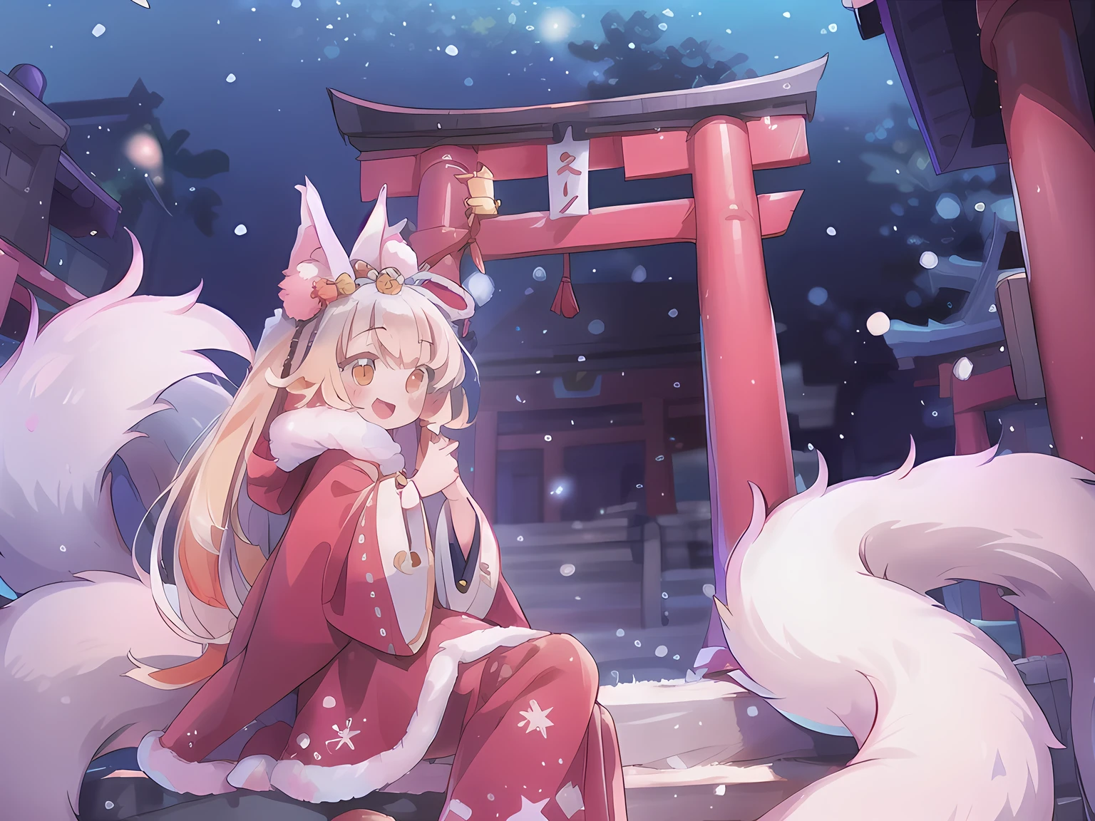 1girl, (high quality:1.2), (ultra detailed:1.2), ((absurdres)), (masterpiece), from side, CG, kaia, cute face, perfect body, white hair, very long hair, orange eyes, two-tone hair, hair ornament, fox ears, fox tail, multiple tails, hanfu, winter hanfu, Cloak, open mouth, smile, sitting, Reach out to catch the snowflakes, looking up, night, snowing, snowflake, snow, Torii gate, stone steps, shrine architecture, Comfortable tones,