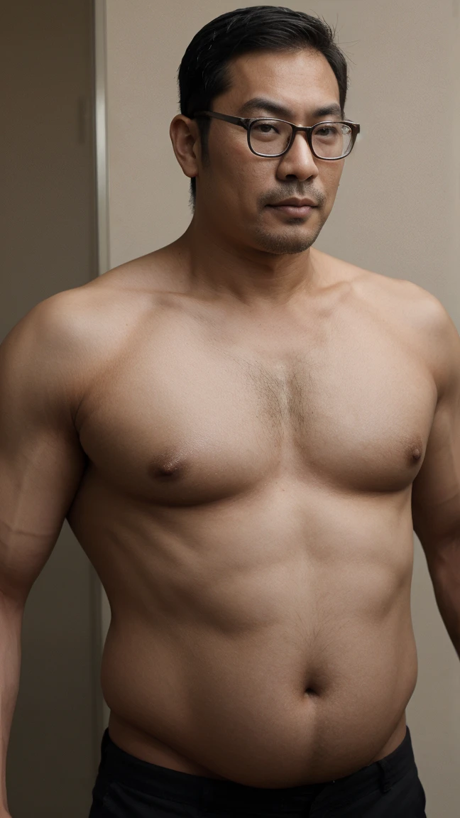 asiatic man, tall, swollen belly, big belly, muscular, hairy, glasses