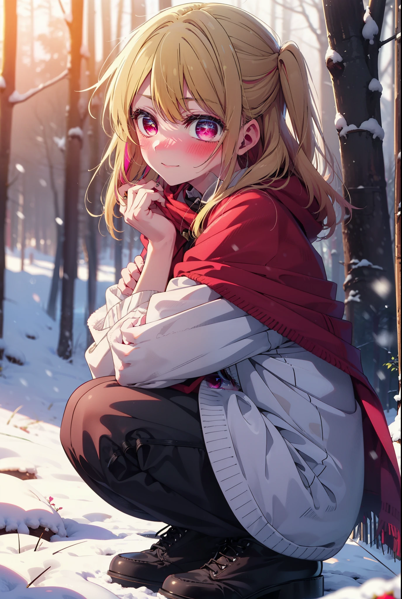rubyhoshino, Hoshino Ruby, Long Hair, bangs, blonde, (Pink Eyes:1.3), Side Lock, (Symbol-shaped pupil:1.5), Multicolored Hair, Two-tone hair, smile,,smile,blush,white breath,
Open your mouth,snow,Ground bonfire, Outdoor, boots, snowing, From the side, wood, suitcase, Cape, Blurred, , forest, White handbag, nature, Squat, Mouth closed, Cape, winter, Written boundary depth, Black shoes, red Cape break looking at viewer, Upper Body, whole body, break Outdoor, forest, nature, break (masterpiece:1.2), Highest quality, High resolution, unity 8k wallpaper, (shape:0.8), (Beautiful and beautiful eyes:1.6), Highly detailed face, Perfect lighting, Extremely detailed CG, (Perfect hands, Perfect Anatomy),