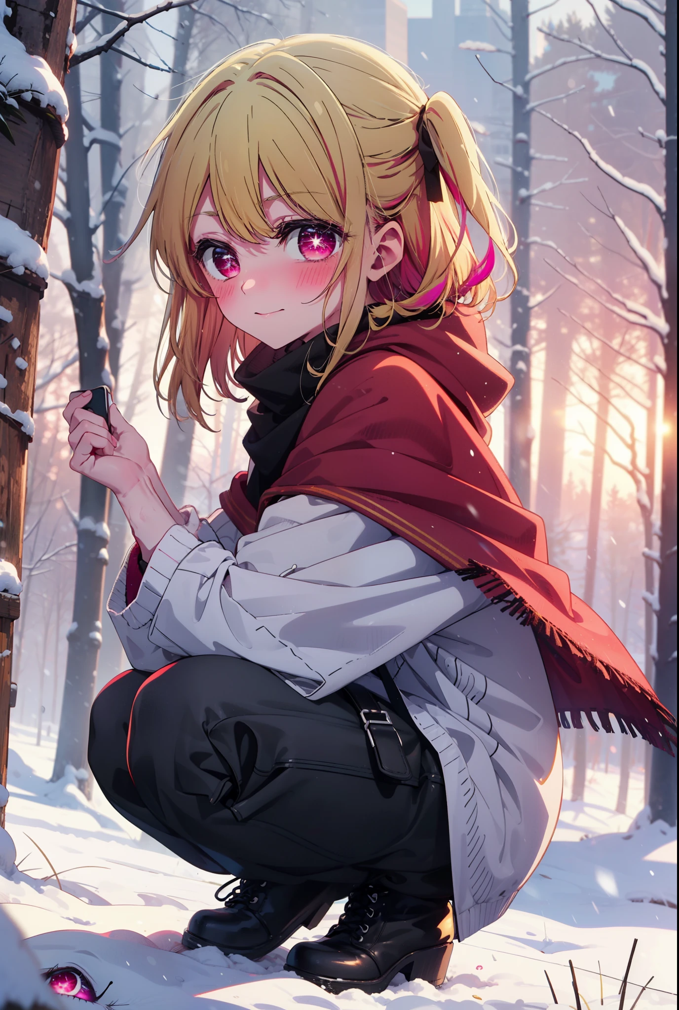 rubyhoshino, Hoshino Ruby, Long Hair, bangs, blonde, (Pink Eyes:1.3), Side Lock, (Symbol-shaped pupil:1.5), Multicolored Hair, Two-tone hair, smile,,smile,blush,white breath,
Open your mouth,snow,Ground bonfire, Outdoor, boots, snowing, From the side, wood, suitcase, Cape, Blurred, , forest, White handbag, nature, Squat, Mouth closed, Cape, winter, Written boundary depth, Black shoes, red Cape break looking at viewer, Upper Body, whole body, break Outdoor, forest, nature, break (masterpiece:1.2), Highest quality, High resolution, unity 8k wallpaper, (shape:0.8), (Beautiful and beautiful eyes:1.6), Highly detailed face, Perfect lighting, Extremely detailed CG, (Perfect hands, Perfect Anatomy),