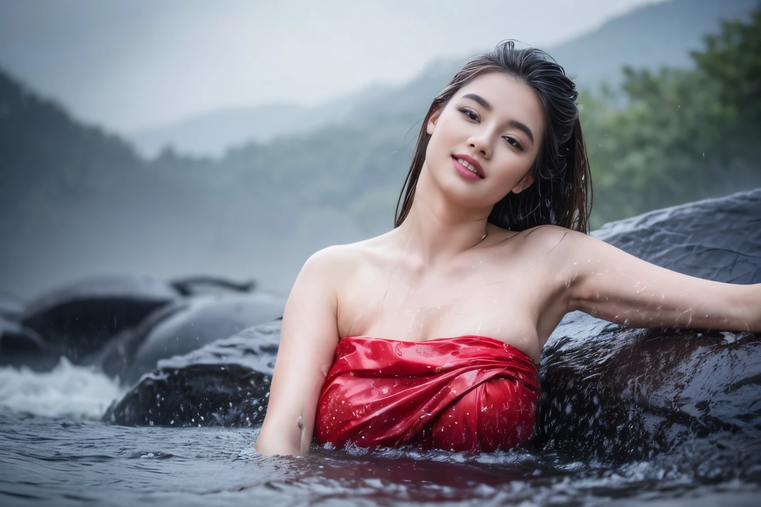 Cute girl wearing sarong dress with seducing pose, big smile, happy, bustling, ((whole body)) turning away facial at viewer, closeup, heavy mountains, misty, fog, woman sit in the waterfall, wet body, wet clothes, wet skin, beauty skin, huge breast:1.5, thick thighs bright lighting, big round ass, cute face, slim abs, 35mm lens, Extreme close-up, depth of field cinematography effect, romantic film genre, 8k resolution, high quality, ultra detail