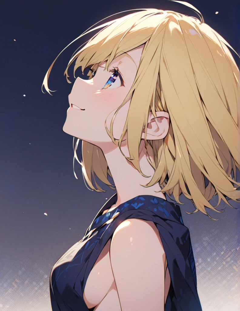 Profile of a cheerful blonde short-haired girl, side boob exposed Indigo eyes