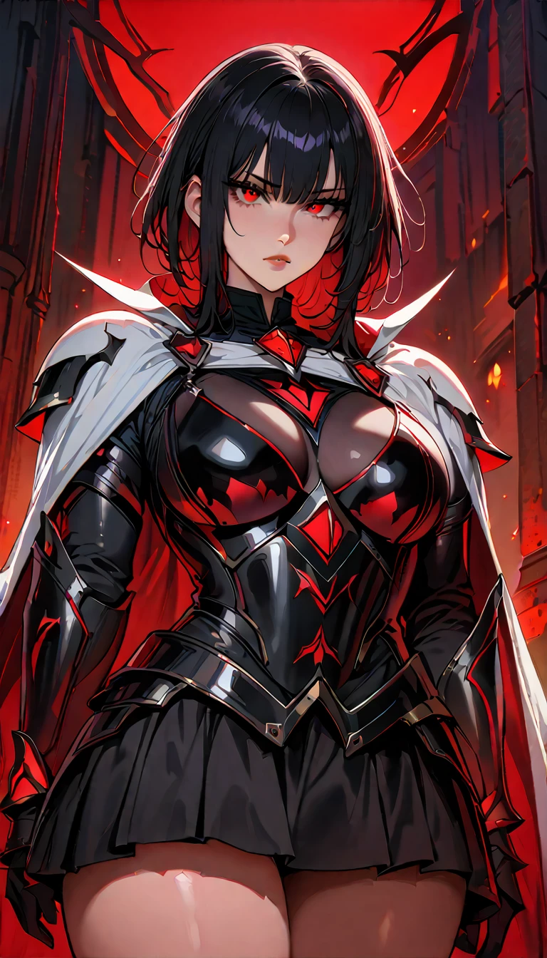 (high quality, 8k, 4K, high contrast, artwork:1.2, high quality, best aesthetics), (centered), ((1 woman)), erotic, sensual, mature body, super detailed, beautiful face detailed, beautiful eyes detailed, detailed beautiful mouth, perfect breats, perfect wide thighs, (black hair), (short black hair), (messy black hair), (red eyes glowing), (serious expression), (black medieval armor), (shoulder pads), (long white cape), (ruffled black skirt), (standing), (looking at the viewer), (piercing gaze), (red sun in the background), (red lighting)