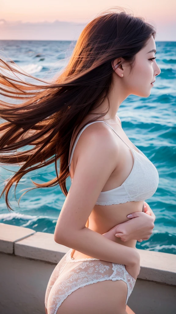 ((最high quality)), Like a photograph,high quality, 8k resolution",Beautiful 19 year old girl,summer,The girl sways beautifully in the sea breeze、graceful hair,Sad profile,Ocean view，evening，Coastal Cafe