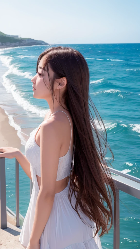 ((最high quality)), Like a photograph,high quality, 8k resolution",Beautiful 19 year old girl,summer,The girl sways beautifully in the sea breeze、graceful hair,Sad profile,Ocean view，evening，Coastal Cafe