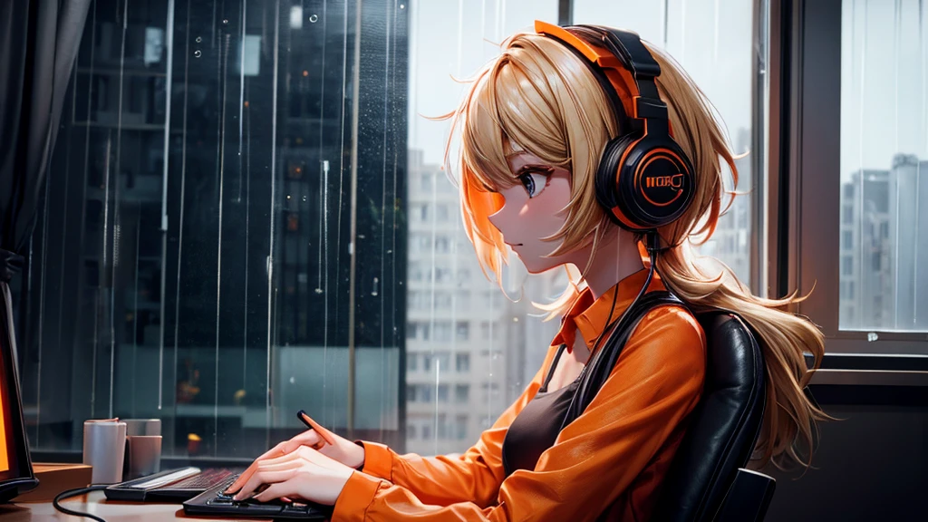 top camera focus, 1 girl with medium blonde hair wearing headphones, short loose orange and black dress, sitting in a gaming chair facing the window, watching the rain.