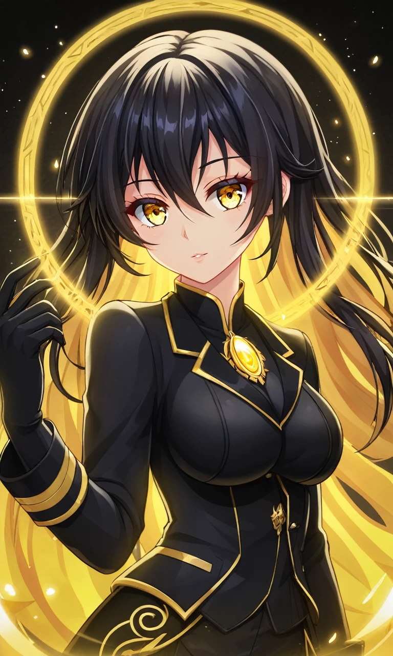 masterpeace, best quality, highres, 1girl, (yellow eye:1.5), black hair, hair between eyes, long hair,  break asymmetrical clothes, face focus, magic background, black blazer, break (masterpiece:1.2), best quality, high resolution, unity 8k wallpaper, (illustration:0.8), (beautiful and delicate eye:1.6), very detailed face, perfect lighting, Highly detailed CG, (perfect hands, complete anatomy), (sexy:1.2), (cute_chest), alone, shiny hair, shiny eye, shiny skin, eyelashes, long eyelashes, black glove, nimbus, big breasts