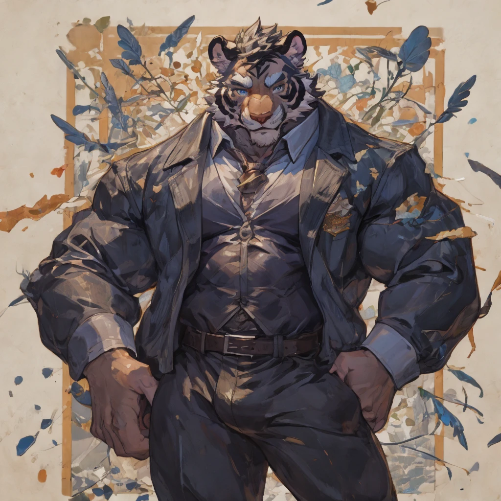 {{bara extremely handsome white tiger,}} {{white fur,}} white, wearing elegant ornate suit jacket, trousers, white dress shirt and necktie, white fluffy furry body and limbs, loafers, very tall, very broad shoulders, narrow waist, muscular arms, massive pecs, purple eyes, very long legs, massive bulge, sophisticated hot look, 3/4 view, best quality, high detail, CG image, character splash art, silver earring on left ear, sultry smirk