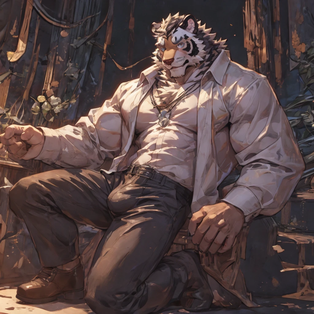 {{bara extremely handsome white tiger,}} {{white fur,}} white, wearing elegant ornate suit jacket, trousers, white dress shirt and necktie, white fluffy furry body and limbs, loafers, very tall, very broad shoulders, narrow waist, muscular arms, massive pecs, purple eyes, very long legs, massive bulge, sophisticated hot look, 3/4 view, best quality, high detail, CG image, character splash art, silver earring on left ear, sultry smirk