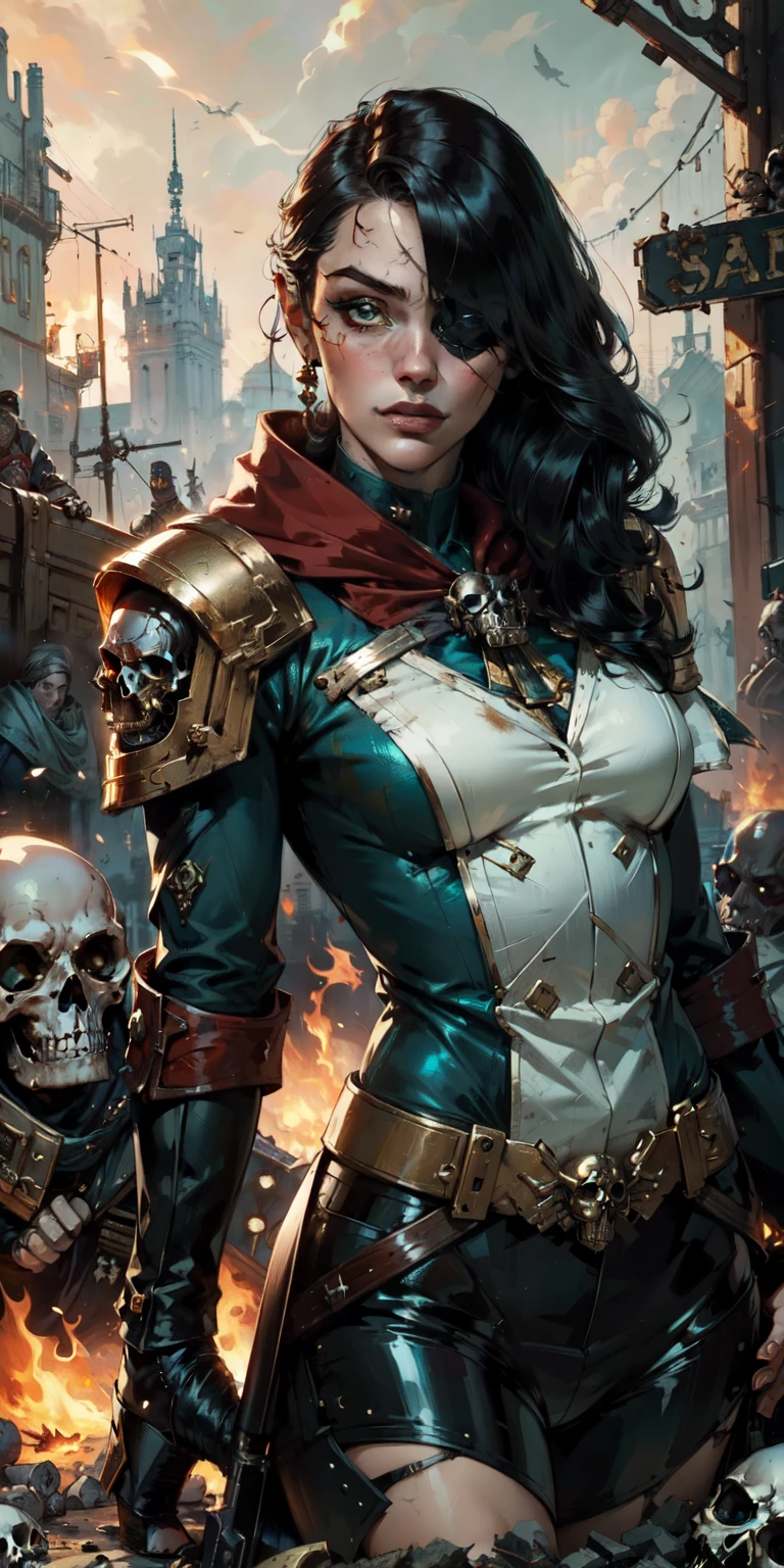 (masterpiece:1.2), (Best Quality:1.2), Perfect eyes, perfect face, perfect lighting, 1 girl, Sororitas mature whore with bolt pistol in hands, scar over one eye, eye patch, by white, skulls on the ground, Warhammer 40K, chaos, fire, Science fiction, Detailed battlefield background