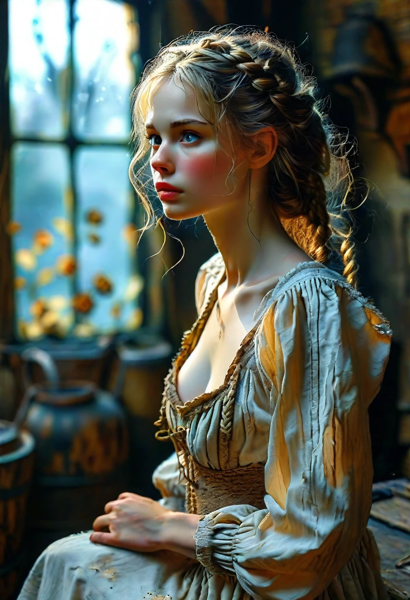 masterpiece, photorealistic portrait of Guinwen in a transparent peasant gown bending over, oil painting, 8K, detailed, 1 girl, short neck, sweet face, detailed face, ((face of Guinwen)), detailed eyes, graue Augen, big eyes, ((full lips)), ((blonde hair)), thick braid. sehr detailliert, sichtbare Taille, (natural breasts), ((huge teardrop breasts)), full lips, soft skin, slim waist, narrow pelvis, narrow hips, (((gigantic breasts))), slim thighs, (slavecollar), detailed hands, milking bucket, handcuffs, in a barn, cowbell, braid, looking fearful, ashamed, sagging breasts, tj, open blouse, wet clothing, she looks fearsome, prudish, shy, tears,