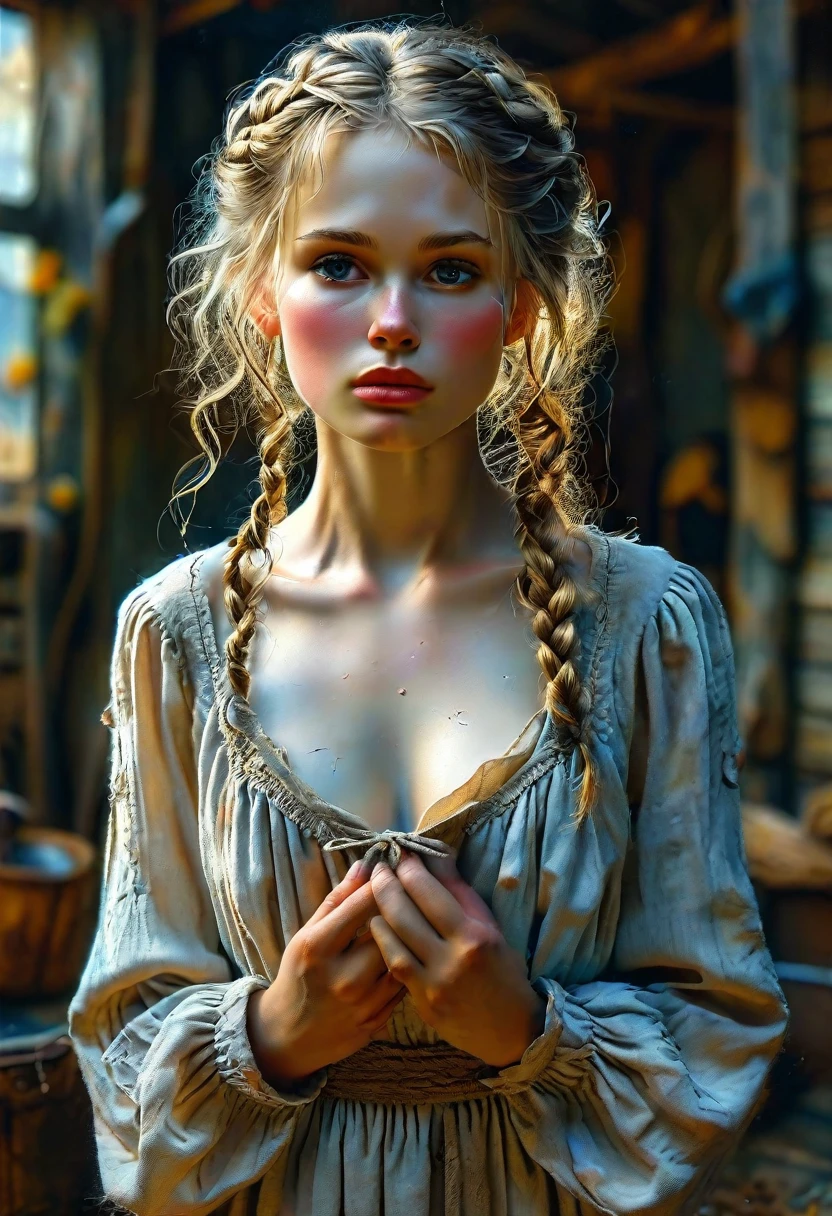 masterpiece, photorealistic portrait of Guinwen in a transparent peasant gown bending over, oil painting, 8K, detailed, 1 girl, short neck, sweet face, detailed face, ((face of Guinwen)), detailed eyes, graue Augen, big eyes, ((full lips)), ((blonde hair)), thick braid. sehr detailliert, sichtbare Taille, (natural breasts), ((huge teardrop breasts)), full lips, soft skin, slim waist, narrow pelvis, narrow hips, (((gigantic breasts))), slim thighs, (slavecollar), detailed hands, milking bucket, handcuffs, in a barn, cowbell, braid, looking fearful, ashamed, sagging breasts, tj, open blouse, wet clothing, she looks fearsome, prudish, shy, tears,