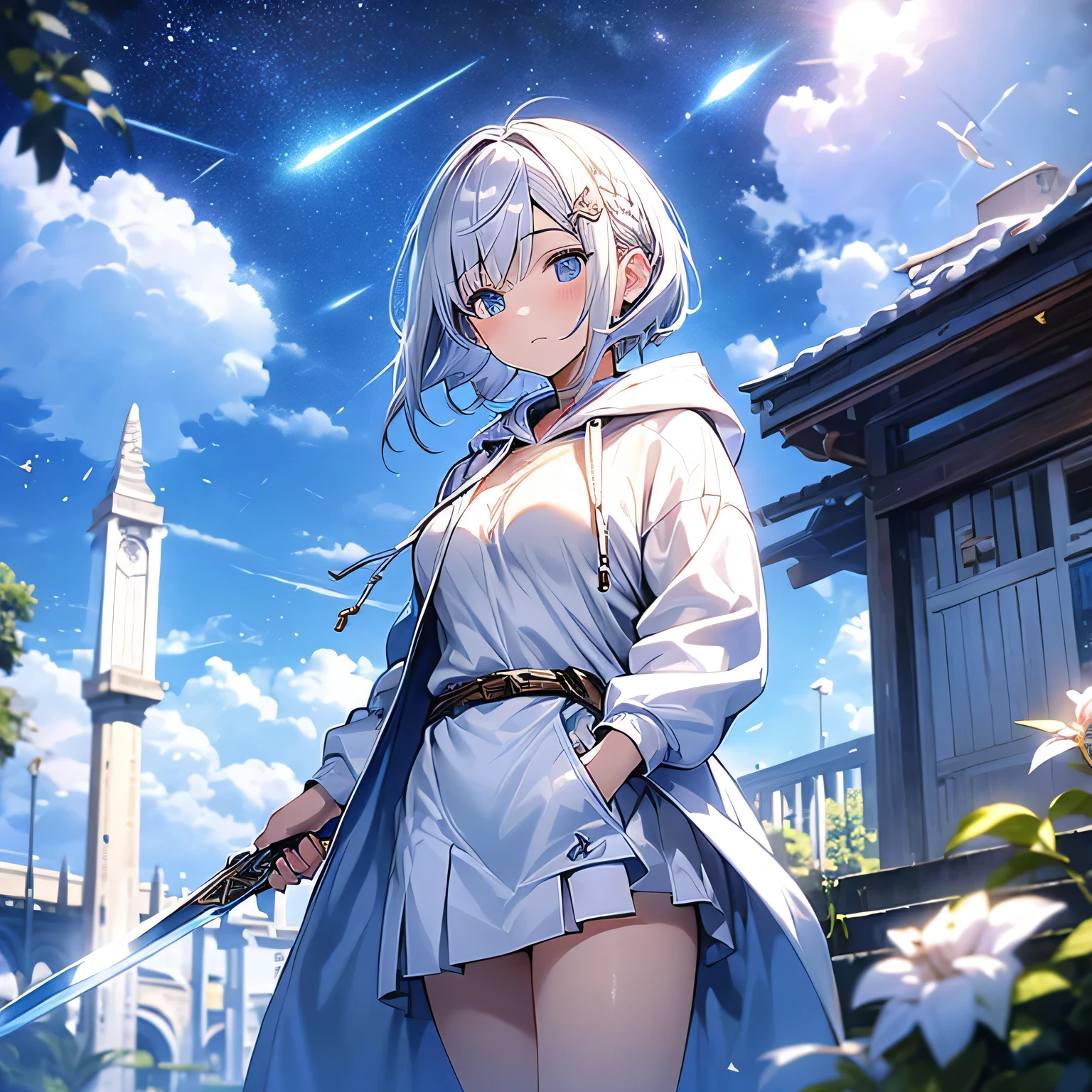 woman、Silver Hair、Short Hair、Braid、Blue Eyes、hair ornaments、Big Breasts、skirt、Wearing a hood、White hoodie combat uniform、sword、night、moonlight