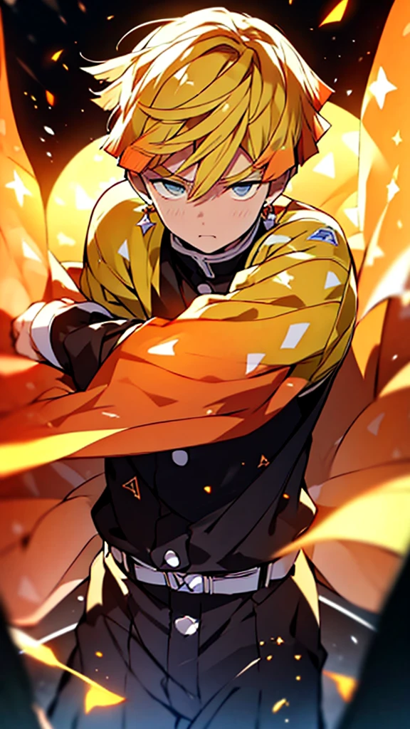 Zenitsu in the midst of battle, orange energy emanating from him. Utilize the style of the Stars Art Group Xing Xing for a unique visual aesthetic. Ensure every detail, from the folds in his clothing to the intensity of his gaze, is perfectly rendered using Unreal Engine's niji 5 settings.