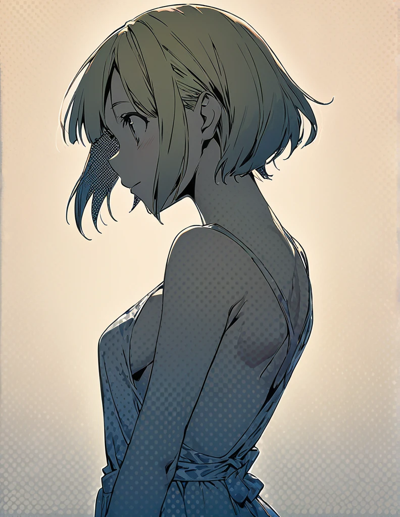 Profile of a cheerful blonde short-haired girl, side boob exposed Screentone processing