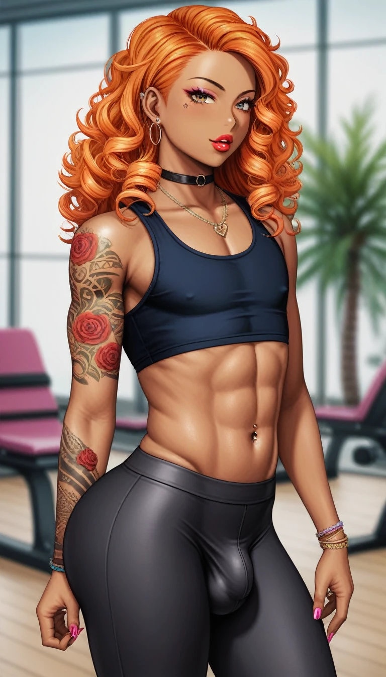 Masterpiece, hi res, absurdres, Best Quality, 4K, detailed, HD,score_9, score_8_up, source_anime, solo, male, girly, androgynous , Orange hair, curly elbow length hair,curvy, thick, Big ass,crop top, yoga pants,curvy, bulge, large bulge, genitalia outline,prominent lips, red lipstick,thick, olive skin, tanned skin, looking at viewer, tattoos on body, lots of tattoos, Gyaru, dark skin , bedroom