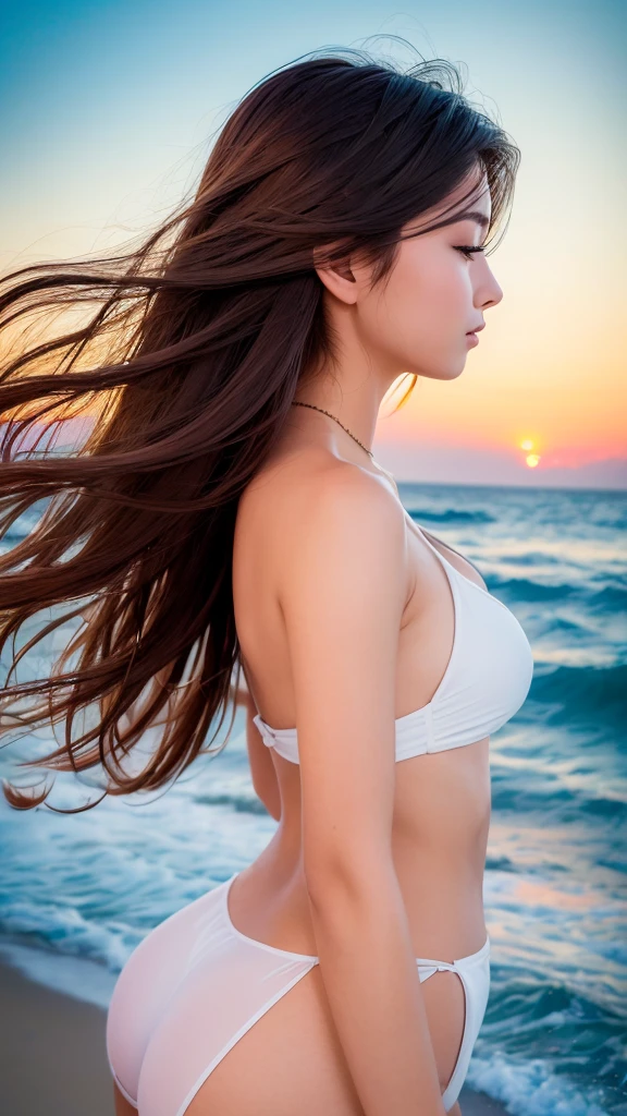 ((最high quality)), Like a photograph,high quality, 8k resolution",Beautiful 19 year old girl,summer,The girl sways beautifully in the sea breeze、graceful hair,Sad profile,Ocean view，night，Coastal Cafe,firework