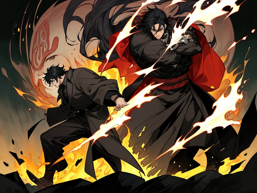 Anime guy with black hair, handsome, black eyes, aura, really strong, strongest man, muscle, black long coat, force, black aura, black power, burning village background, night, standing