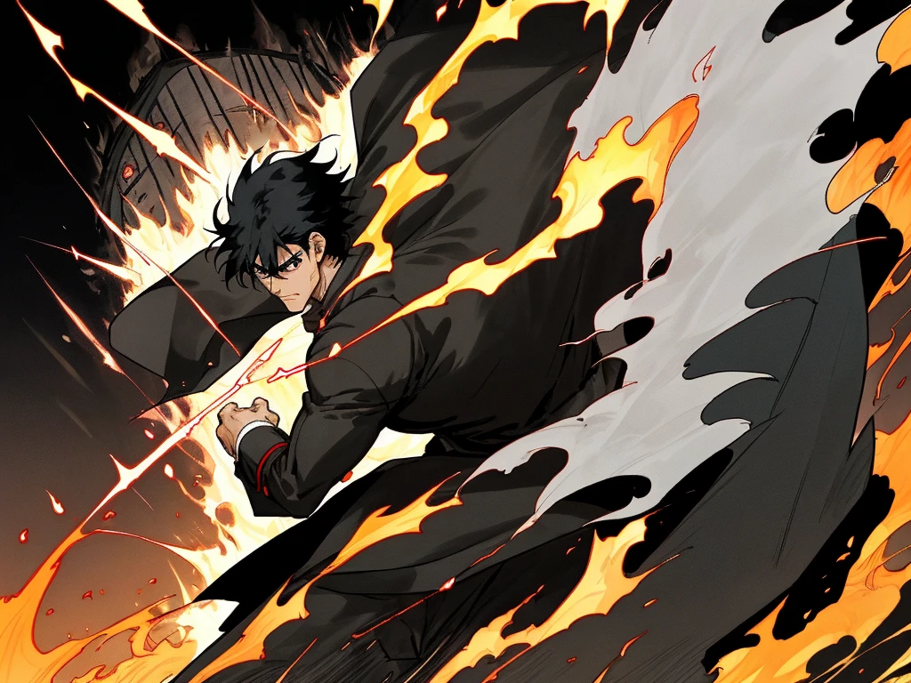 Anime guy with black hair, handsome, black eyes, aura, really strong, strongest man, muscle, black long coat, force, black aura, black power, burning village background, night, standing