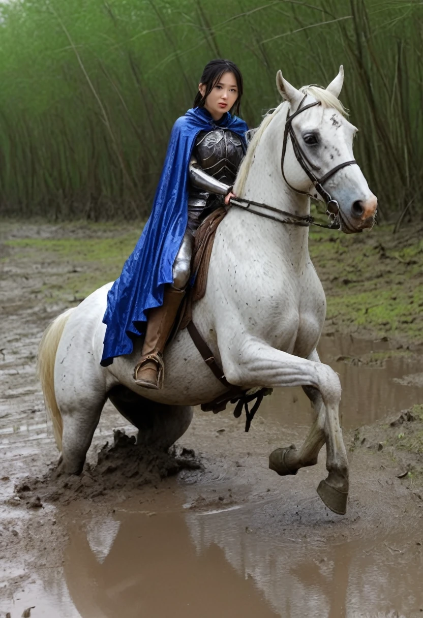 beautiful woman and horse,Anatomically correct構図,stuck in mud,(((masterpiece))),(((Highest quality))),((Tabletop:1.4, Highest quality)), (Realな写真:1.4), in the muddy ,dirty swamp,black hair and white horse ridden by girl meet with an accident that it fall over sticky swamp,
((1 cute girl knight)),rodeo,horse standing,Surprised face,stumble,aggressive,slouch,horse standing, prancing horse in pitfall,cute,Napoléon horse sliped in pitfall,in the pitfall,Uplifting,Knight Princess,
(超High resolution:1.2),, wonderful, Very detailed CG Unity 8k wallpaper, Very detailed, High resolution,fat horse ridden by japanese girl,Double,Royal blue armor and short cloak,Soaking in the swamp,Mud Splash,
Soft Light, Woman riding a beautiful detailed horse, Droopy eyes,Very detailedな目と顔, Beautiful and exquisite nose, Beautiful and exquisite,  horse ridden by a girl can't stand up because its drowned in the sticky muddy pitfall:10.0 ,Displeased face:4.0,Real,Stir,Anatomically correct,action horse riding scene while struggle fighting