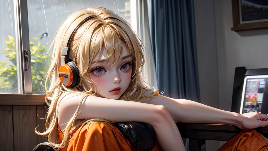 top camera focus, 1 girl with medium blonde hair wearing headphones, short loose orange and black dress, sitting in a gaming chair facing the window, watching the rain.