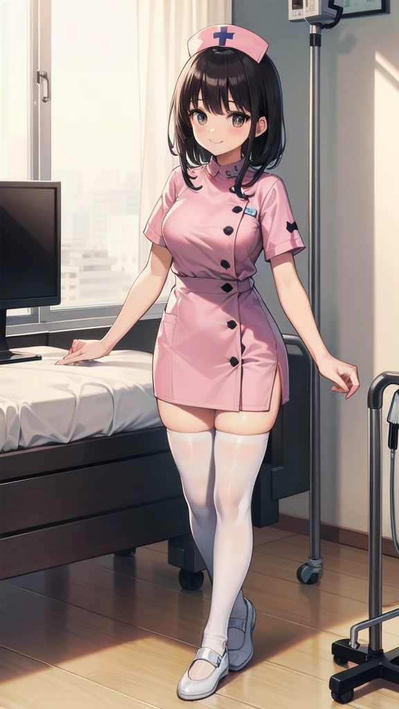 One girl, alone, nurse, nurse cap, White, ((White legwear, zettai ryouiki)),Droopy eyes, smile, Are standing, ((Hospital room)), Sharp contours, Short sleeve, Highest quality, masterpiece