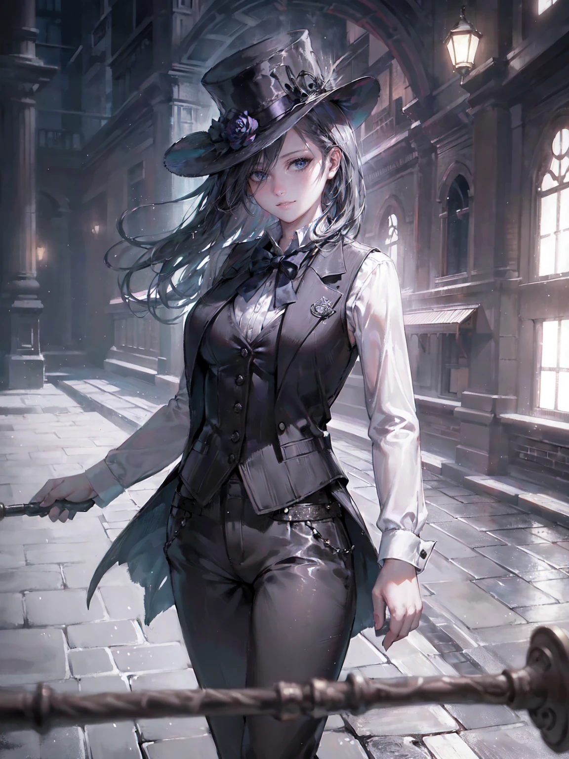 A girl in a waistcoat, tailcoat, trousers and a top hat, detailed intricate victorian architecture, cobblestone streets, puddles reflecting the street lights, gas lamps, moody cloudy sky, cinematic lighting, dramatic shadows, photorealistic, masterpiece, (best quality,8k,highres,detailed:1.2),cinematic,dramatic lighting