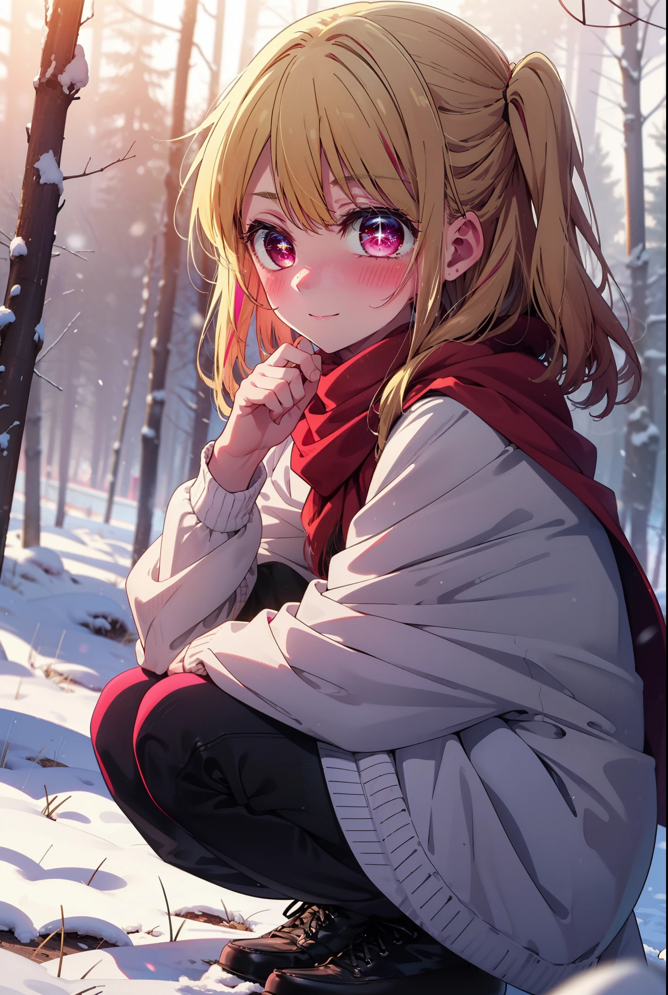 rubyhoshino, Hoshino Ruby, Long Hair, bangs, blonde, (Pink Eyes:1.3), Side Lock, (Symbol-shaped pupil:1.5), Multicolored Hair, Two-tone hair, smile,,smile,blush,white breath,
Open your mouth,snow,Ground bonfire, Outdoor, boots, snowing, From the side, wood, suitcase, Cape, Blurred, , forest, White handbag, nature,  Squat, Mouth closed, Cape, winter, Written boundary depth, Black shoes, red Cape break looking at viewer, Upper Body, whole body, break Outdoor, forest, nature, break (masterpiece:1.2), Highest quality, High resolution, unity 8k wallpaper, (shape:0.8), (Beautiful and beautiful eyes:1.6), Highly detailed face, Perfect lighting, Extremely detailed CG, (Perfect hands, Perfect Anatomy),