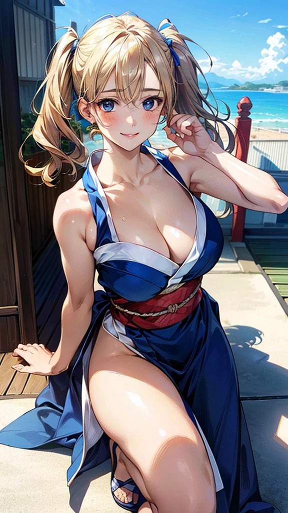 (masterpiece:1.3, Highest quality, Ultra-high resolution, Very detailed), (Realistic, photoRealistic:1.4), Beautiful illustrations, Perfect lighting, Natural light, colorful, Written boundary depth, NFSW,
View your viewers, 1 Girl, Japanese, high school girl, Perfect Face, Cute and symmetrical face, Shiny skin, Sunburned skin,
(Twin tails:1.5, Blonde), Hair between the eyes, blue eyes, (Large Breasts, seductive Thighs, Big Ass), Thighs, sum,
Beautiful Hair, Beautiful Face, Beautiful attention to detail, Beautiful clavicle, Beautiful body, Beautiful breasts, 美しいThighs, Beautiful feet, Beautiful fingers,
(Beautiful views), ((Fighting Pose)), (Sexy clothes), (Captivating smile,)