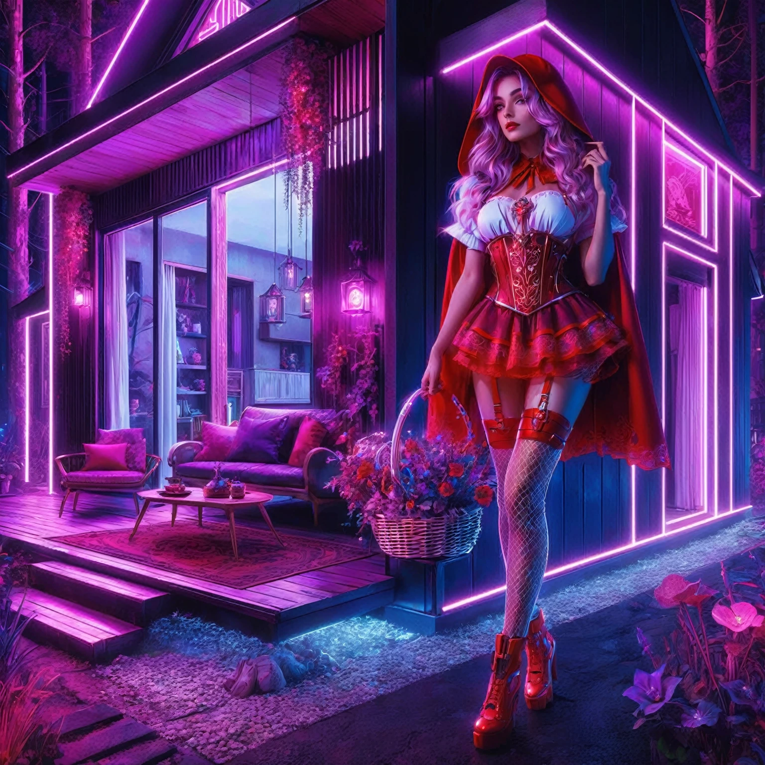 a woman in a red cap and red dress stands in front of the house, neon light and Fantasy, Purple lighting. Fantasy, Red & Cinematic Lighting, Red Neon, inspired by Mike Winkelmann, art style cyberpunk, retro and Fantasy style, stylized urban Fantasy artwork, Alice in Wonderland Cyberpunk, inspired by David LaChapelle, Cinematic red lighting
