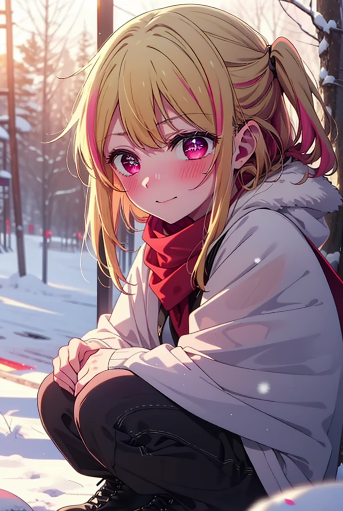 rubyhoshino, Hoshino Ruby, Long Hair, bangs, blonde, (Pink Eyes:1.3), Side Lock, (Symbol-shaped pupil:1.5), Multicolored Hair, Two-tone hair, smile,,smile,blush,white breath,
Open your mouth,snow,Ground bonfire, Outdoor, boots, snowing, From the side, wood, suitcase, Cape, Blurred, , forest, White handbag, nature,  Squat, Mouth closed, Cape, winter, Written boundary depth, Black shoes, red Cape break looking at viewer, Upper Body, whole body, break Outdoor, forest, nature, break (masterpiece:1.2), Highest quality, High resolution, unity 8k wallpaper, (shape:0.8), (Beautiful and beautiful eyes:1.6), Highly detailed face, Perfect lighting, Extremely detailed CG, (Perfect hands, Perfect ???????),