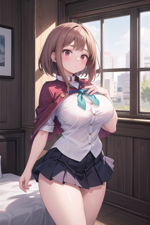 (masterpiece, Best Quality:1.2), cowboy shot, Alone, 1 girl, Charlotte Aulín, expressionless, Closed mouth, looking at vewer, comforter, Capelet, Skirt, blue thighs Defined woman body thick thighs cyber body parts, ropa interior corta ochako uraraka, huge chest,
