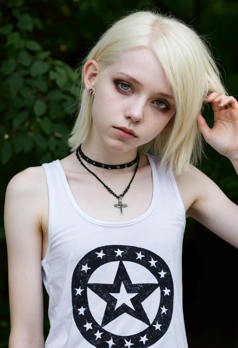 14 year old petiite cute skinny girl in tank top, pale skin, white american, dyed blonde hair, gothic, metal music, armpit, flat chested